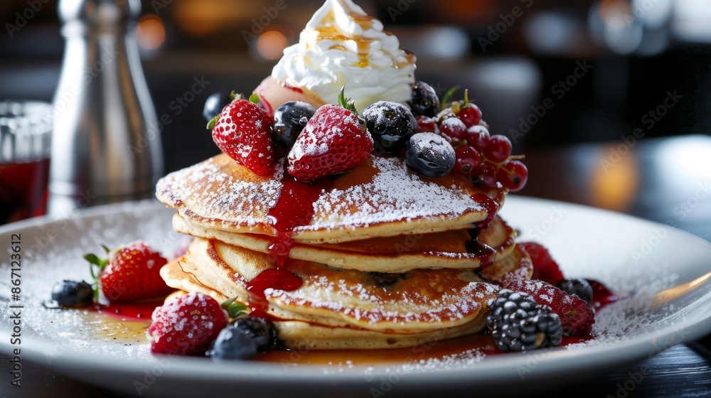 A stack of fluffy pancakes topped with a generous serving of mixed berries and a dollop of whipped cream. A stack of fluffy pancakes topped with a generous serving of mixed berries and a dollop of whipped cream.