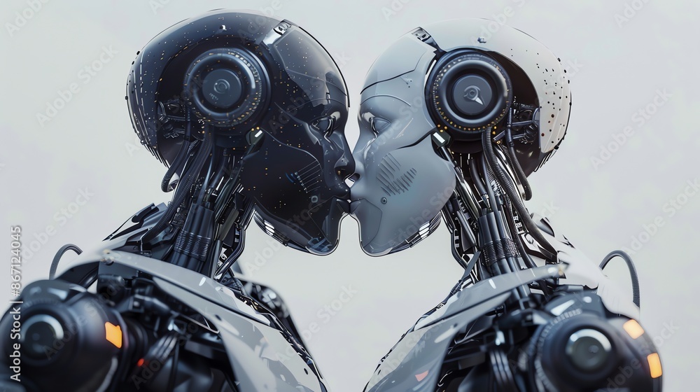 Fototapeta premium Two robots share a tender kiss in a cozy room. 