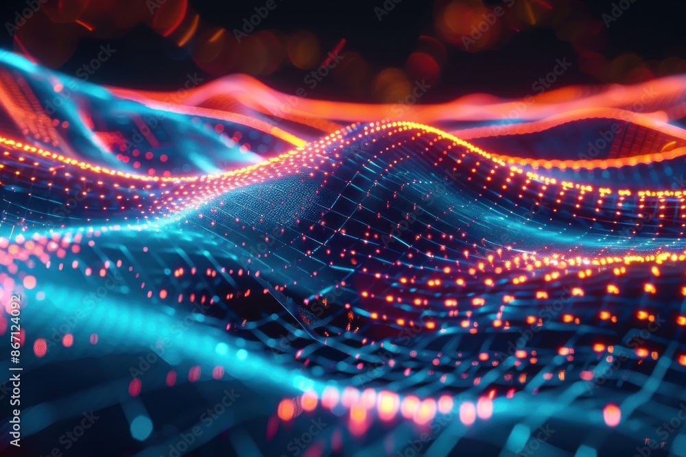 Abstract background of glowing blue and orange waves and particles. Concept of technology, data flow, digital landscape, and futuristic design. Abstract background of glowing blue and orange waves and particles. Concept of technology, data flow, digital landscape, and futuristic design.