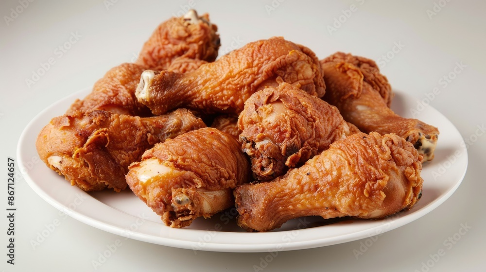 Golden brown fried chicken drumsticks arranged neatly on a white plate, isolated for a mouthwatering presentation Golden brown fried chicken drumsticks arranged neatly on a white plate, isolated for a mouthwatering presentation