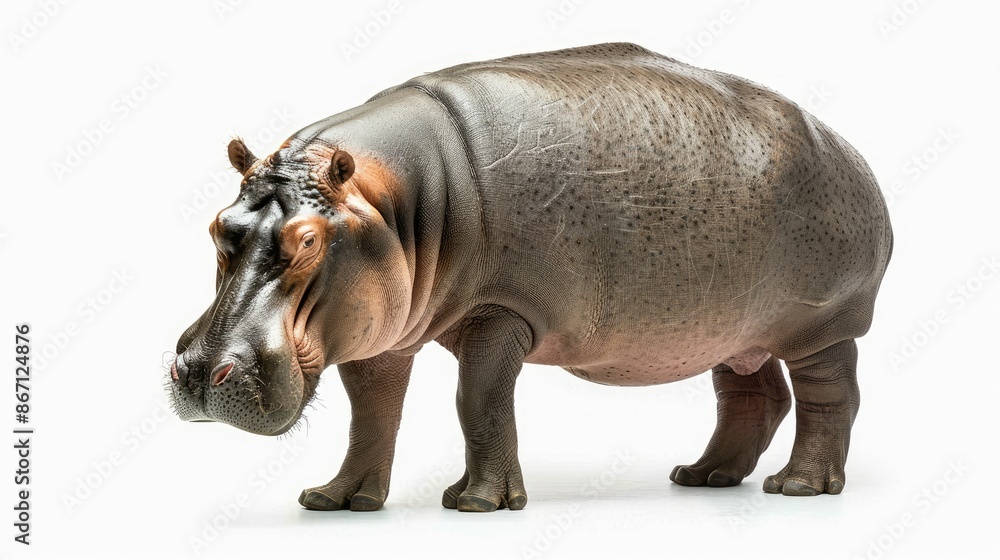 Hippo standing still, isolated on white, emphasizing its thick skin and robust form Hippo standing still, isolated on white, emphasizing its thick skin and robust form