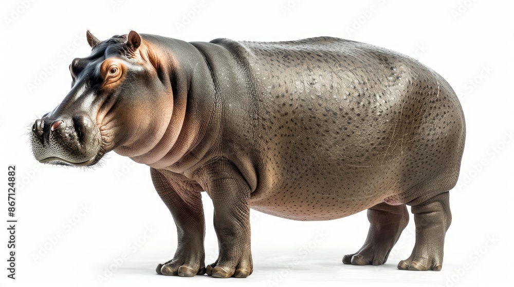 Hippo standing still, isolated on white, emphasizing its thick skin and robust form Hippo standing still, isolated on white, emphasizing its thick skin and robust form