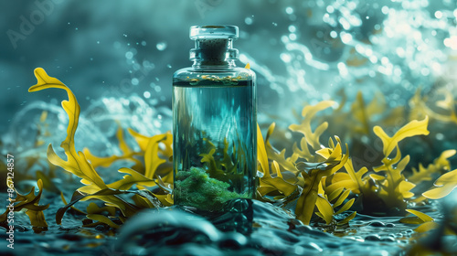 Kelp Extract in Ocean-Themed Bottle with Seaweed and Waves, Marine Beauty Concept photo