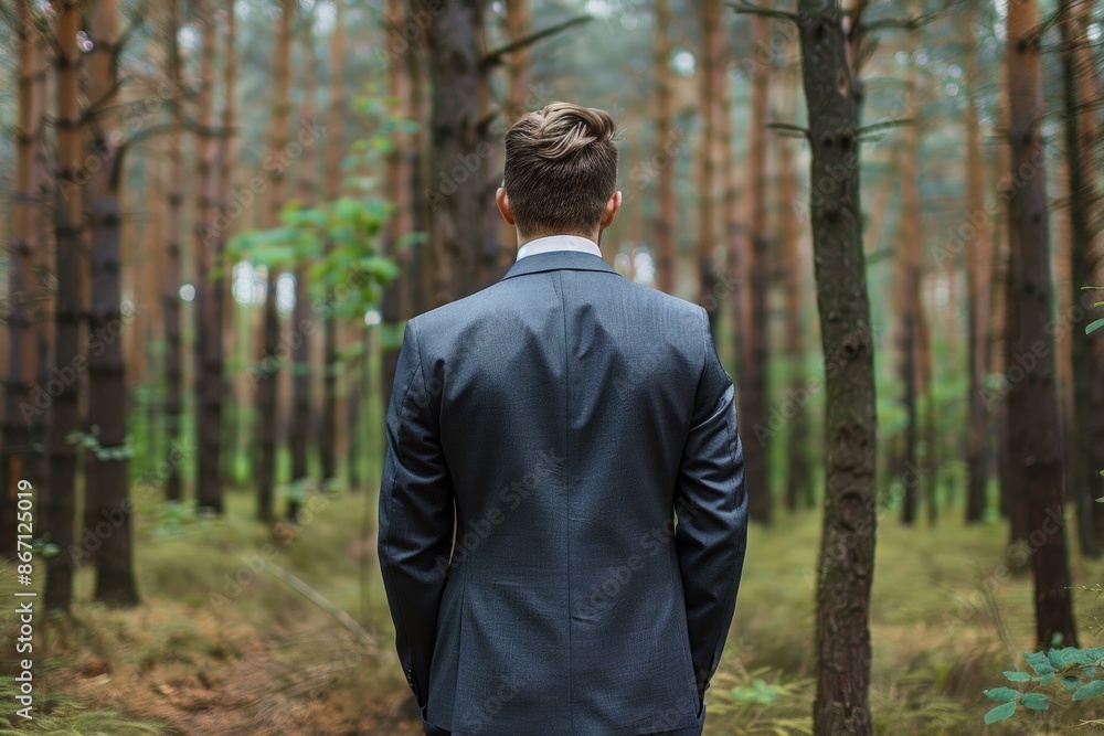 Businessman wearing suit standing in forest looking at trees Businessman wearing suit standing in forest looking at trees