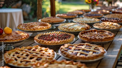 A long table set with a variety of freshly baked pies all made from ingredients grown on local farms.