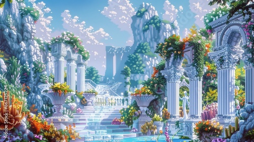 Pixel art game level background, 8 bit, landscape, arcade video game, pixel art ruins of ancient city, temple. Beauty.