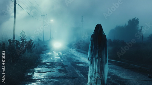 Horror woman concept,Ghost on the road in the city,A vengeful spirit on the street of the town,Make up ghost face. photo