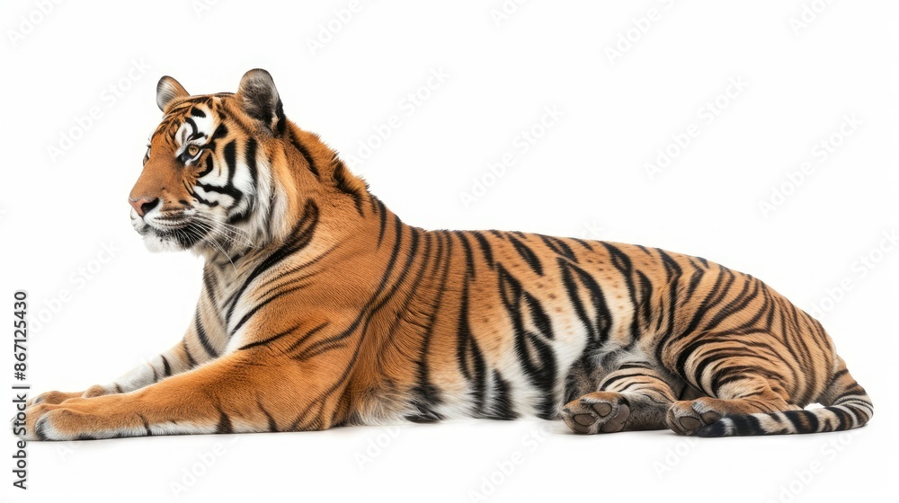 Profile shot of a lying tiger, isolated on white, showcasing its sharp features and distinct markings Profile shot of a lying tiger, isolated on white, showcasing its sharp features and distinct markings