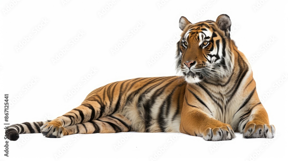 Obraz premium Profile shot of a lying tiger, isolated on white, showcasing its sharp features and distinct markings