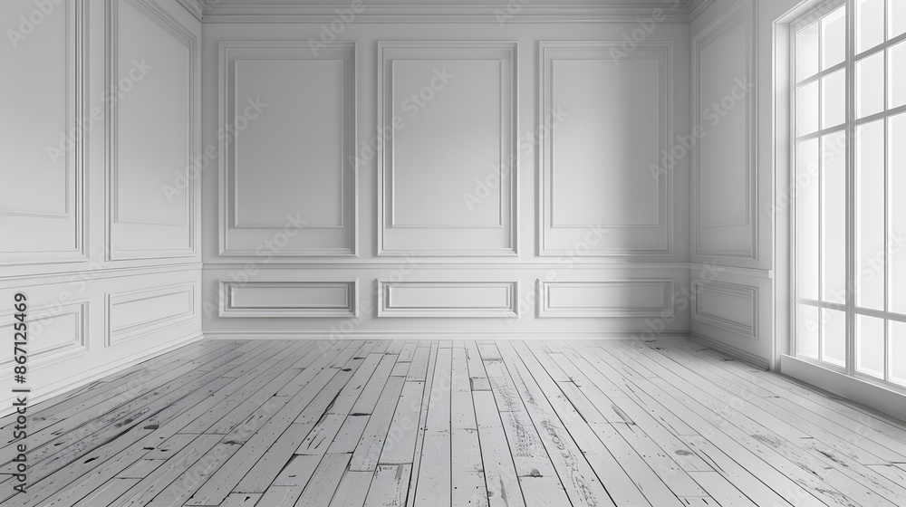 white wall with white moulding, white panelled walls, empty room, white walls, wood floor. white wall with white moulding, white panelled walls, empty room, white walls, wood floor.