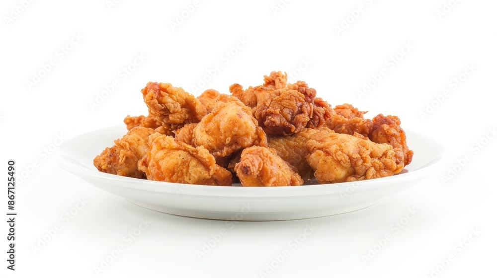 Tasty fried chicken pieces served on a clean white plate, isolated for a mouthwatering food photography Tasty fried chicken pieces served on a clean white plate, isolated for a mouthwatering food photography