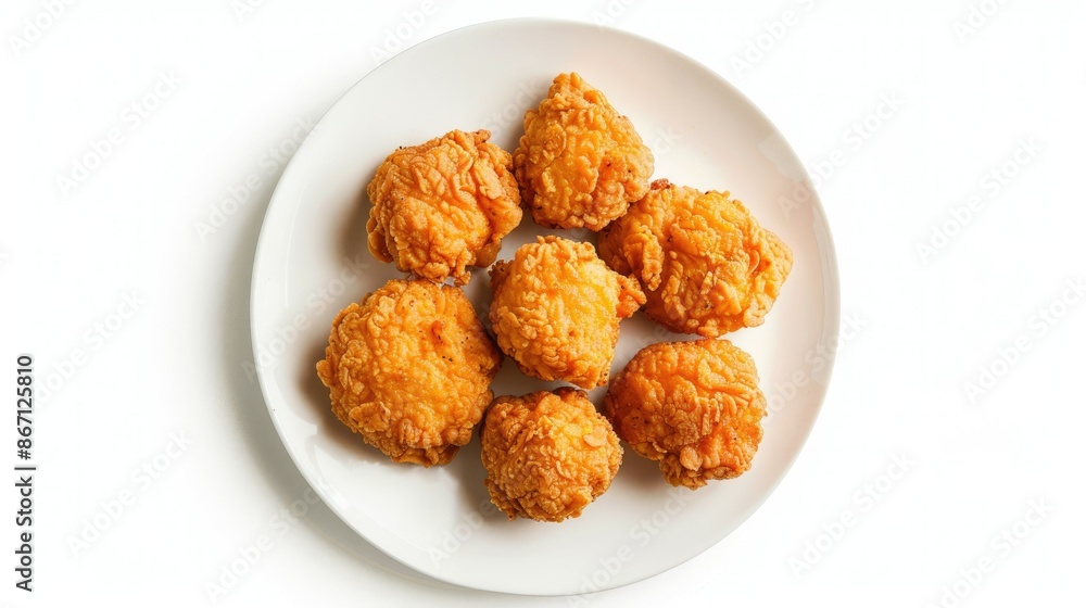 Top view of golden fried chicken on a white plate, isolated against a clean white background, appealing and appetizing Top view of golden fried chicken on a white plate, isolated against a clean white background, appealing and appetizing