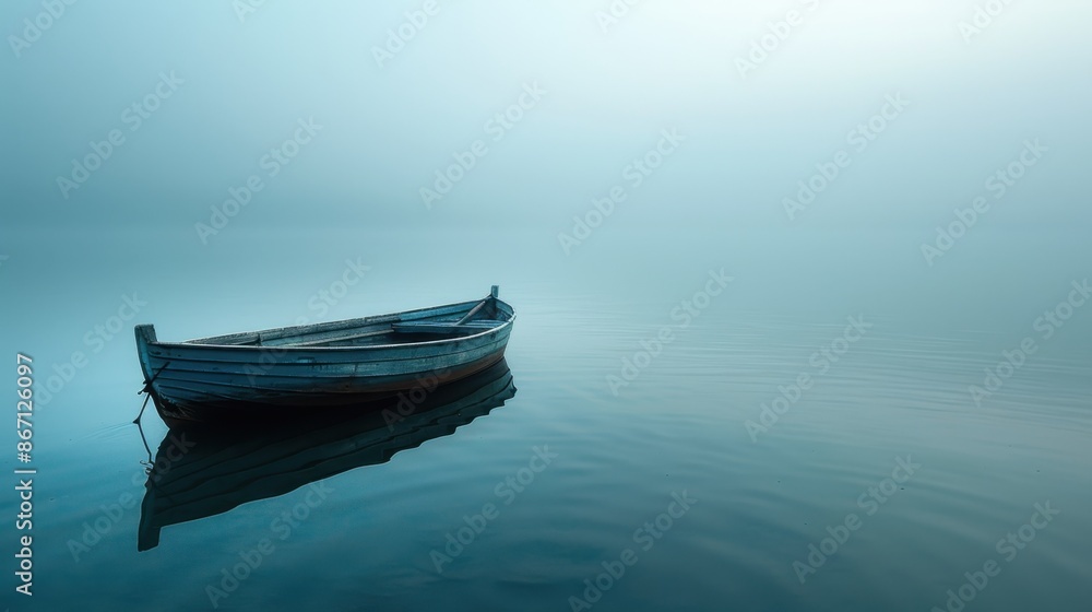A solitary wooden boat anchored peacefully on a tranquil, mist-covered lake. simplicity and minimalism concept. A solitary wooden boat anchored peacefully on a tranquil, mist-covered lake. simplicity and minimalism concept.