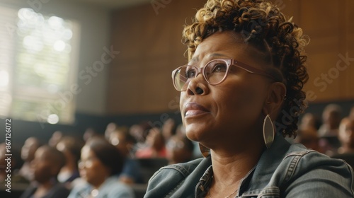 African older woman listening closely or concentrating hard in a class, Group of senior adults in a classroom or seated in a seminar or a conference. Acticve diverse senior citiziens concept. photo