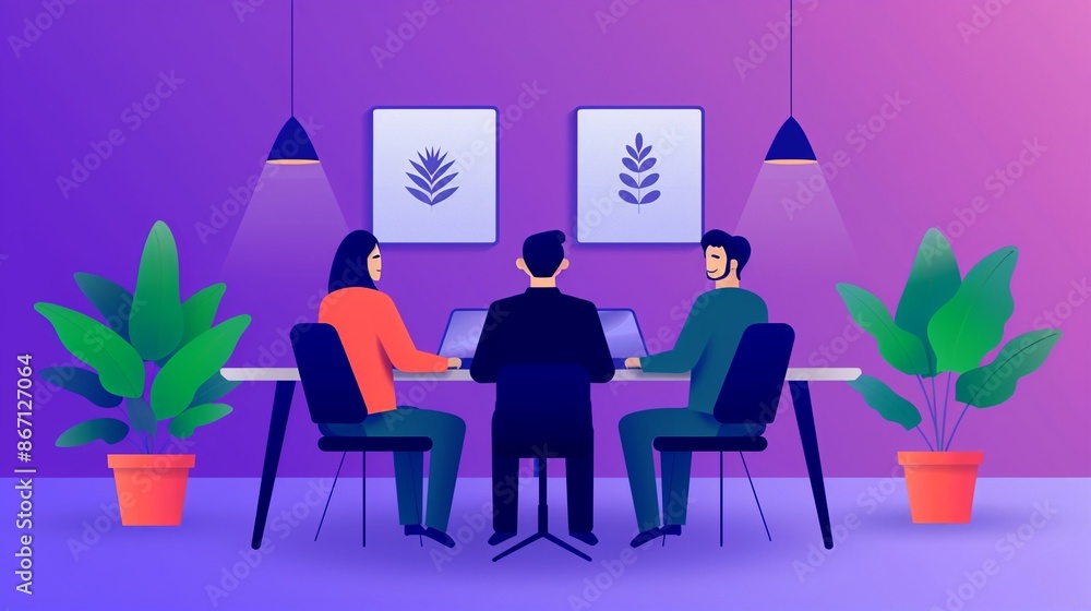 Three cartoon characters collaborate on a project at a desk in a modern, minimalistic office setting with plants and framed artwork, vibrant colors Three cartoon characters collaborate on a project at a desk in a modern, minimalistic office setting with plants and framed artwork, vibrant colors