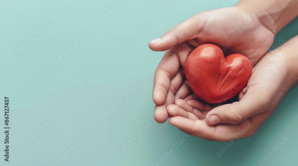 Fototapeta premium Hands Holding a Red Heart on a Light Blue Background