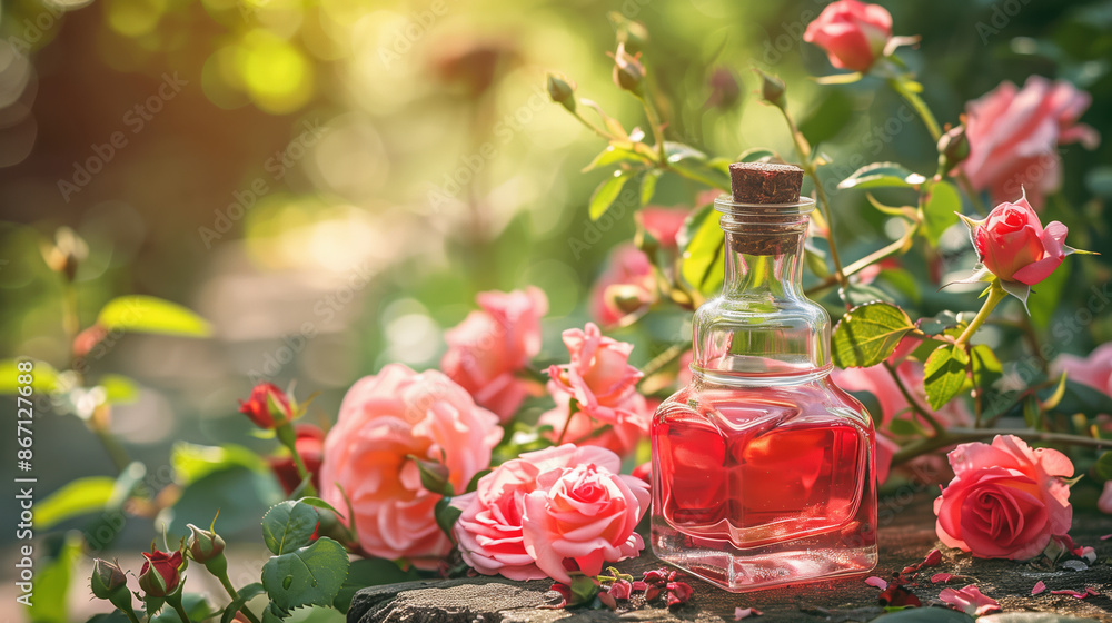 Natural Rosehip Seed Extract in a Rose-Shaped Bottle Featured with Blooming Roses in a Lush Garden Setting Natural Rosehip Seed Extract in a Rose-Shaped Bottle Featured with Blooming Roses in a Lush Garden Setting
