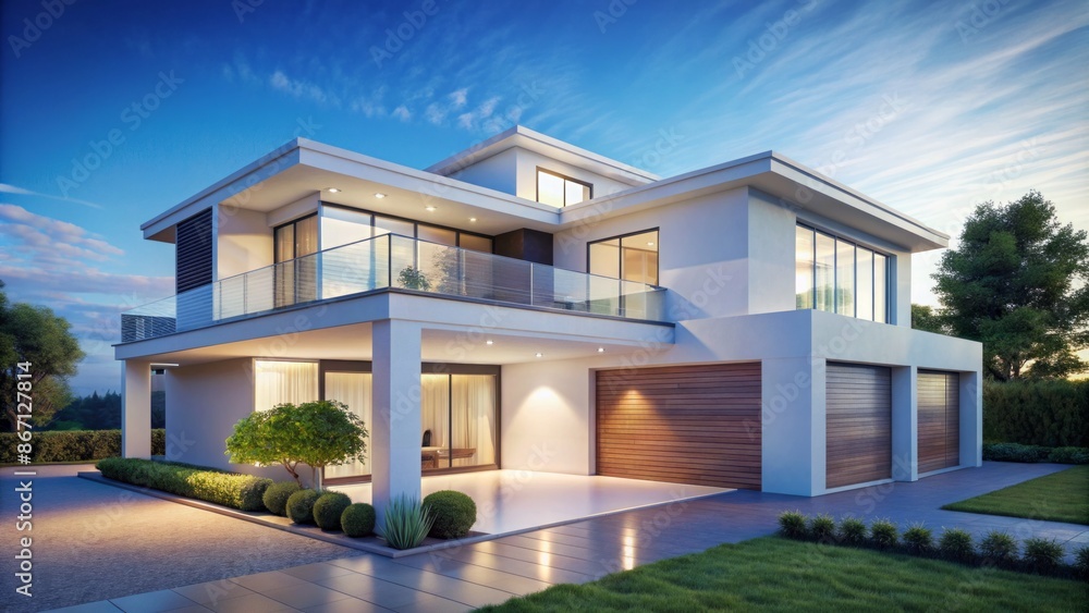 Simple elegant white modern house isolated on calm blue background for real estate marketing and housing business advertisement purposes. Simple elegant white modern house isolated on calm blue background for real estate marketing and housing business advertisement purposes.