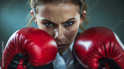 Businesswoman landing a solid right cross in the boxing match. © Suriyo