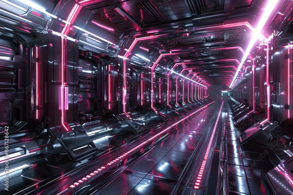 Fototapeta premium Futuristic metallic hallway with glowing neon lights. Sci-fi, cyberpunk or metaverse concept. 3D illustration.