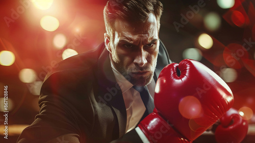 Corporate executive landing an uppercut in a boxing match.