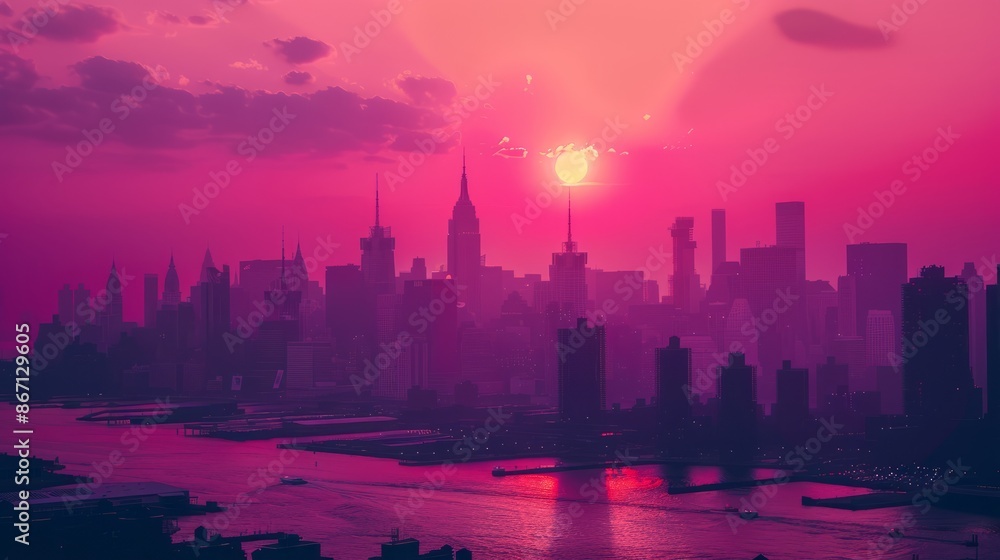 Obraz premium vaporwave style city skyline with buildings and skyscrapers, a purple sun is setting in the background, cyberpunk aesthetic, dark fantasy, neon lights