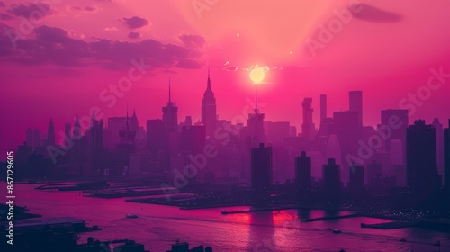 vaporwave style city skyline with buildings and skyscrapers, a purple sun is setting in the background, cyberpunk aesthetic, dark fantasy, neon lights