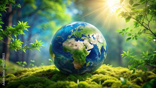 Fototapeta Naklejka Na Ścianę i Meble -  A serene blue planet earth suspended in space adorned with lush green foliage, symbolizing harmony and eco-friendly conservation efforts.