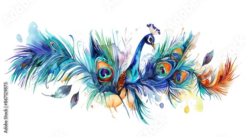 Decorative watercolor peacock feathers, vivid hues, intricate lines, elegant composition © 6ixpoint6