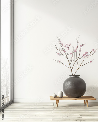 Elegant minimalist room interiors with Japanese decor, in neutral contrasting tone with lots of window lighting and copy space. Property advertising conceptual image for Real Estate.