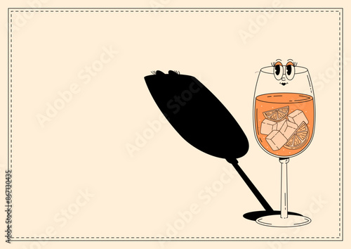 Groovy character Aperol spritz. Retro banner alcoholic beverage with empty space. Retro vector illustration 70s, 80s style