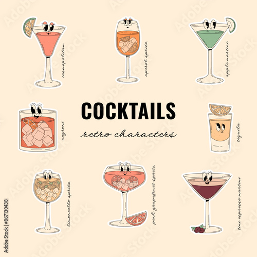 Groovy characters of cocktails and drinks, set of retro stickers with popular alcoholic beverages. Concept for cafe bar and cocktail lounge. Retro vector illustrations 70s, 80s style