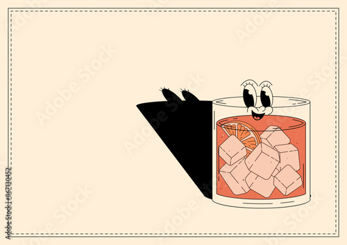 Groovy character negroni. Retro banner alcoholic beverage with empty space. Retro vector illustration 70s, 80s style