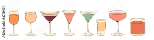 A set vintage summer cocktails. Concept for cafe bar and cocktail lounge. Retro vector illustrations 70s, 80s style