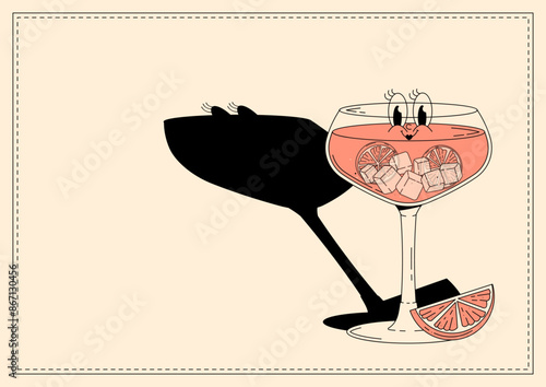 Groovy character pink grapefruit spritz. Retro banner alcoholic beverage with empty space. Retro vector illustration 70s, 80s style