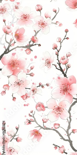 A beautiful pink and white floral print with a tree branch and pink blossoms