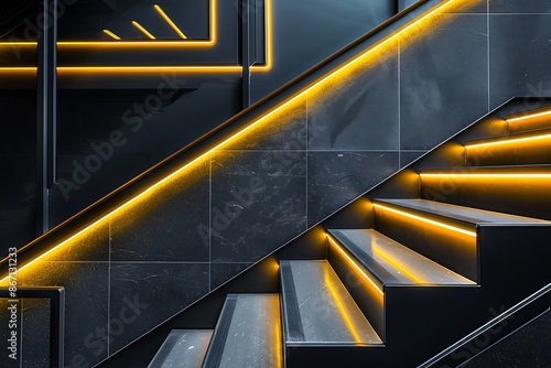 Minimalist black metal staircase with integrated yellow neon lights, creating a modern and stylish design. © azlani art