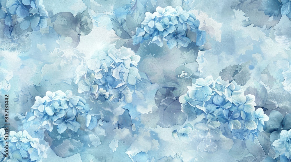 A seamless pattern of blue hydrangeas with soft watercolor effect. Perfect for backgrounds, prints, and designs.