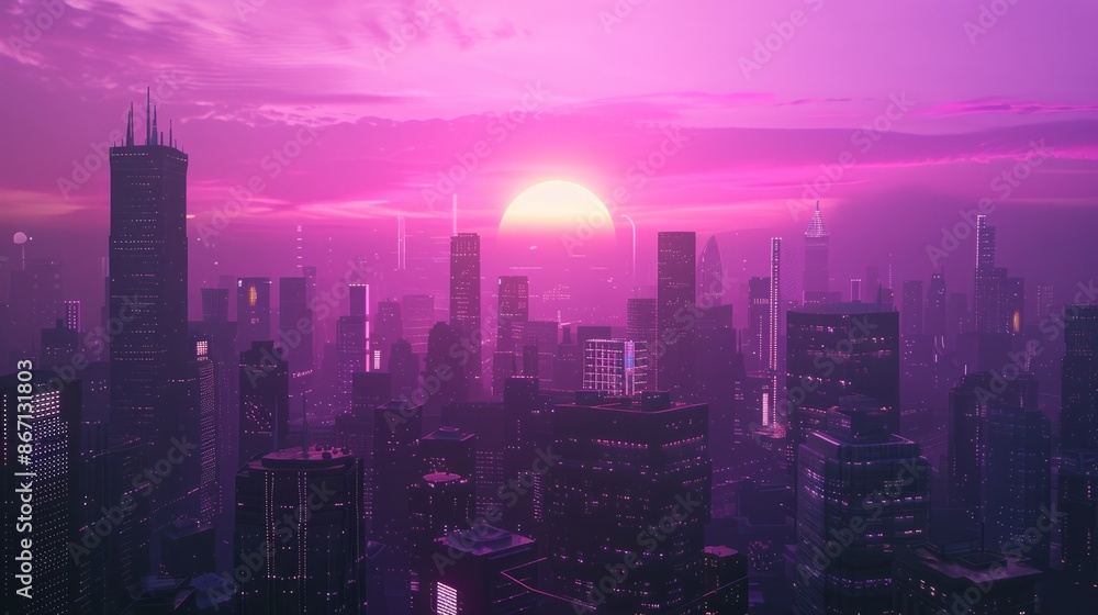 Fototapeta premium vaporwave style city skyline with buildings and skyscrapers, a purple sun is setting in the background, cyberpunk aesthetic, dark fantasy, neon lights