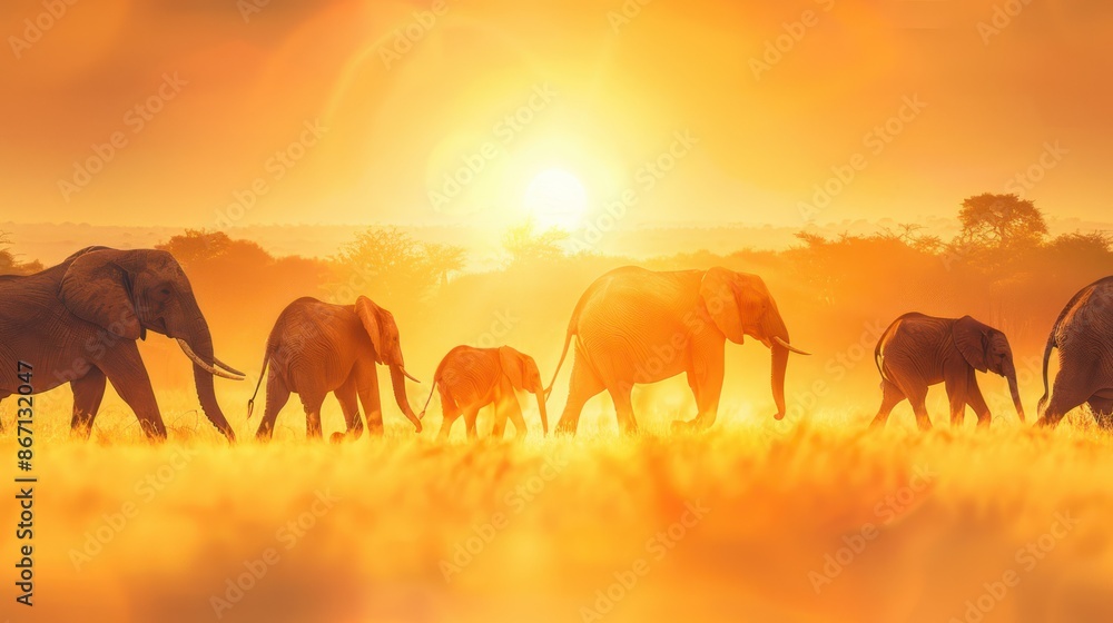 Fototapeta premium A herd of elephants walks through tall grass towards the setting sun. The golden light bathes the scene in a warm glow.