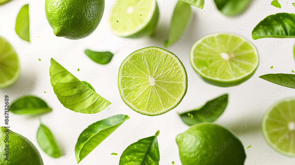 Freshly cut lime slices and leaves floating in mid-air, capturing the zesty and refreshing essence perfect for culinary and health visuals Freshly cut lime slices and leaves floating in mid-air, capturing the zesty and refreshing essence perfect for culinary and health visuals