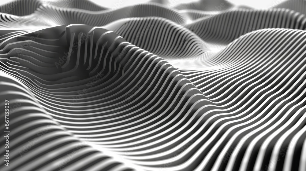 Abstract background of flowing white lines forming a wavy pattern. Concept of technology, data, sound waves, or digital design Abstract background of flowing white lines forming a wavy pattern. Concept of technology, data, sound waves, or digital design