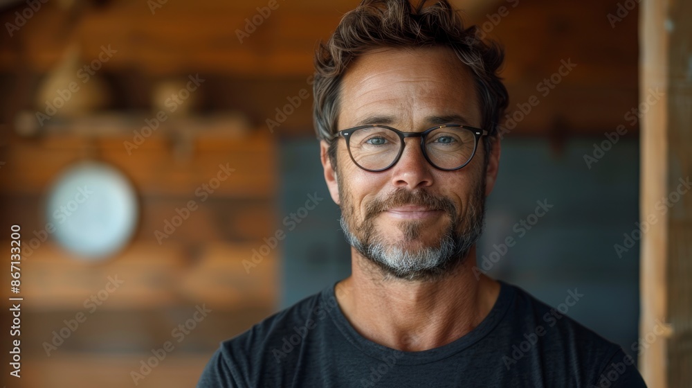 Handsome mature man with beard wearing glasses and looking at camera Handsome mature man with beard wearing glasses and looking at camera