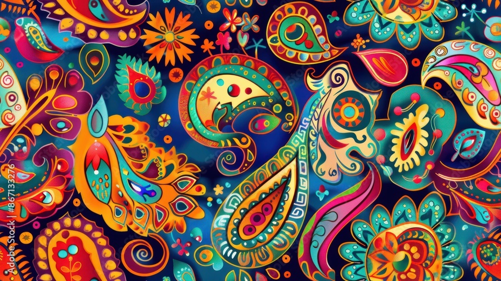 Vibrant paisley pattern in a variety of colors on a dark blue background. This pattern is perfect for fabric, wallpaper, or any other design project. Vibrant paisley pattern in a variety of colors on a dark blue background. This pattern is perfect for fabric, wallpaper, or any other design project.