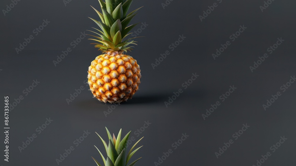 A single ripe pineapple sits on a dark grey background, casting a shadow. The fruit's skin is golden yellow with green leaves at the top. A single ripe pineapple sits on a dark grey background, casting a shadow. The fruit's skin is golden yellow with green leaves at the top.