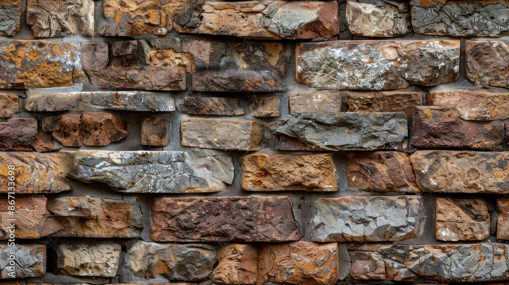 Close-up of a rustic brick wall with a variety of colors and textures. Close-up of a rustic brick wall with a variety of colors and textures.