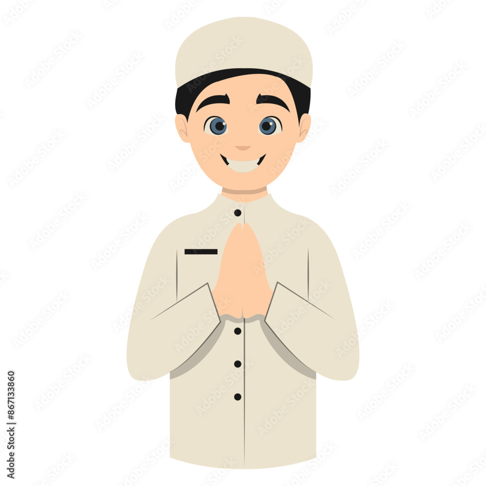 Muslim Greeting Pose Eid Mubarak Character. Vector Illustration Design. Muslim Greeting Pose Eid Mubarak Character. Vector Illustration Design.