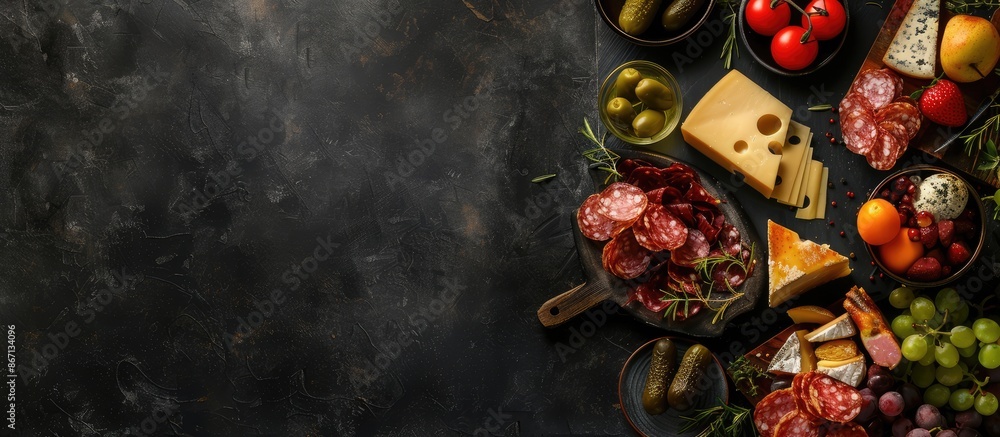 Table with appetizers: cheese, fruits, and charcuterie on a dark background, viewed from above with space for text Table with appetizers: cheese, fruits, and charcuterie on a dark background, viewed from above with space for text