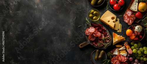 Table with appetizers: cheese, fruits, and charcuterie on a dark background, viewed from above with space for text © Lasvu