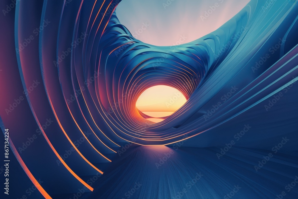Abstract 3D render of a futuristic and surreal tunnel or wormhole with glowing lights at the end. Concept of science fiction, metaverse, and digital art Abstract 3D render of a futuristic and surreal tunnel or wormhole with glowing lights at the end. Concept of science fiction, metaverse, and digital art